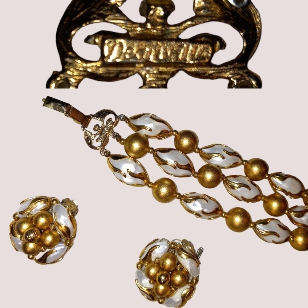 Vtg Deauville 3 Strand Bracelet and Clip Earrings Set Caged White Faux Pearl